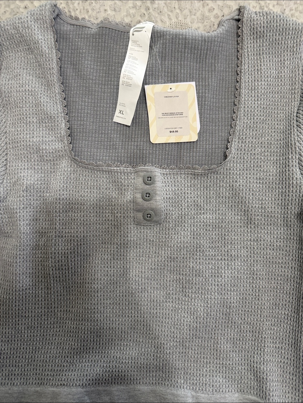 Fabletics Gray Ribbed Square Neck Top with Button Placket